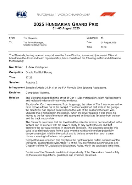 El comunicado de la FIA, anunciando la decisión sobre el caso Verstappen