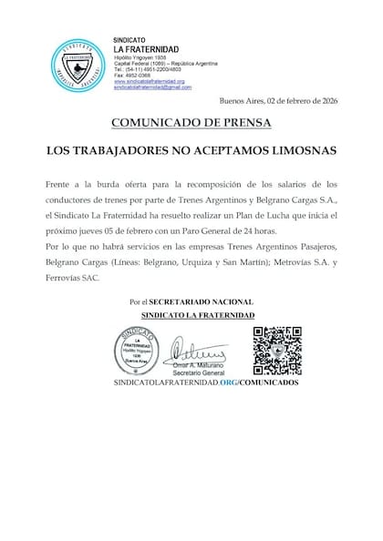 El comunicado de La Fraternidad donde anuncia el paro de trenes de este jueves 5 de febrero