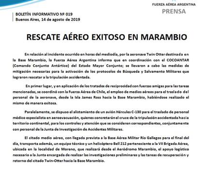 El comunicado de la Fuerza Aérea sobre el rescate en Marambio