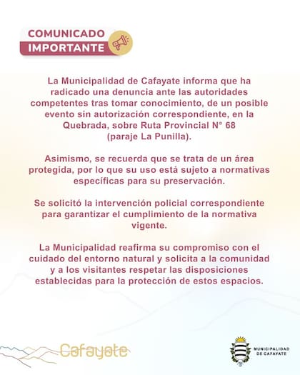 El comunicado de la municipalidad de Cafayate