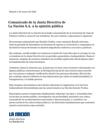 El comunicado de La Nación S.A. de Costa Rica