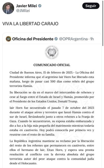 El comunicado de la Oficina del Presidente sobre la liberación de Iair Horn, con un error, compartida por Milei