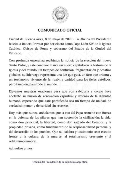 El comunicado de la Oficina del Presidente sobre la elección del nuevo papa