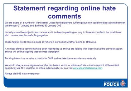 El comunicado de la policía de Manchester ante las agresiones a futbolistas en redes. Crédito: Twitter