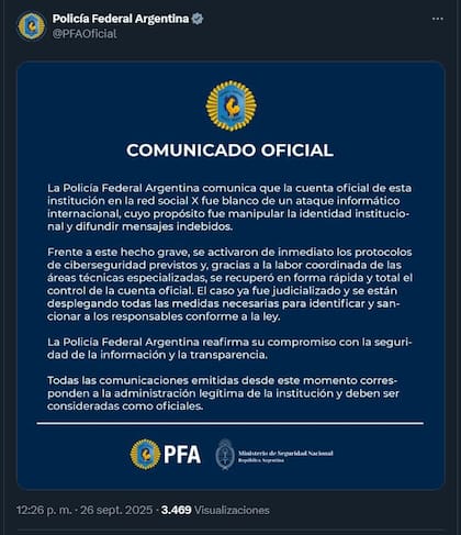 El comunicado de la Policía Federal luego de recuperar el control de su cuenta en X