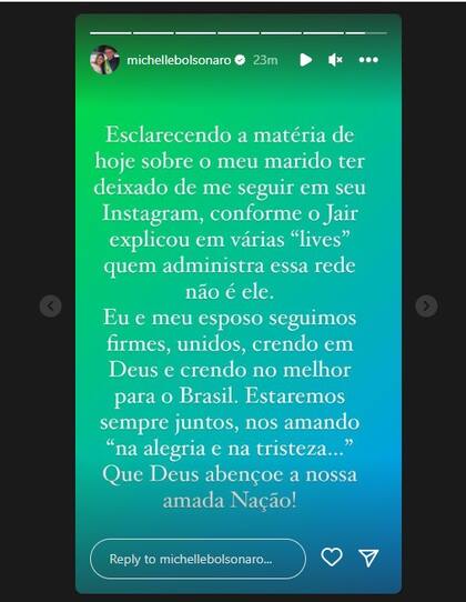 El comunicado de la primera dama Michelle Bolsonaro
