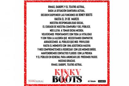 El comunicado de la producción de Kinky Boots