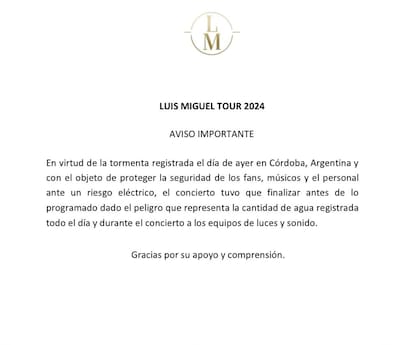 El comunicado de la producción sobre la cancelación del show en Córdoba