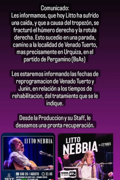 El comunicado de la productora encargada de organizar los shows de Litto Nebbia en Venado Tuerto y Junín da detalles del accidente del músico