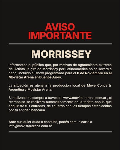 El comunicado de la productora Move Concerts Argentina sobre el show de Morrissey