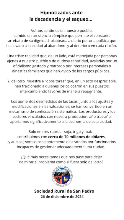 El comunicado de la Sociedad Rural de San Pedro