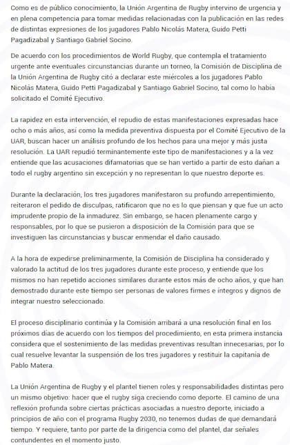 El comunicado de la UAR en el que anuncia el levantamiento de las suspensiones