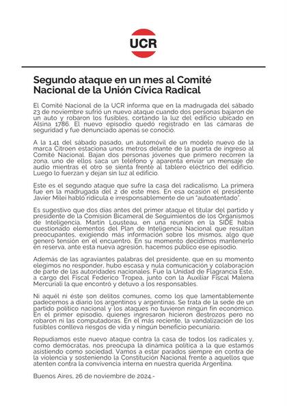 El comunicado de la UCR en el que denuncian un segundo ataque a su sede partidaria