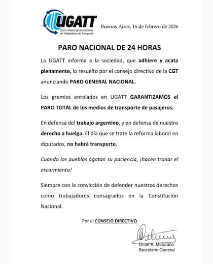 El comunicado de la Ugatt sobre el paro general que convocó la CGT por la reforma laboral