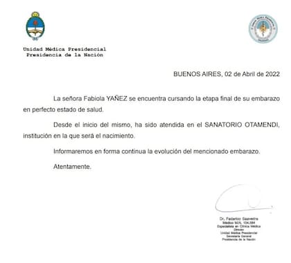 El comunicado de la Unidad Médica Presidencial donde aclararon que Fabiola Yáñez "ha sido atendida en el Sanatorio Otamendi, institución en la que será el nacimiento".