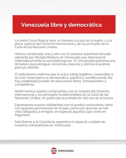 El comunicado de la Unión Cívica Radical
