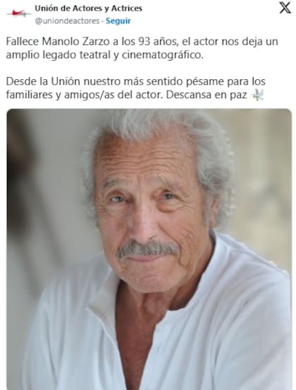El comunicado de la Unión de Actores tras la muerte de Manolo Zarzo