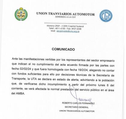 El comunicado de la UTA, que amenaza con llevar adelante una medida de fuerza si no se cumple con la homologación de la paritaria