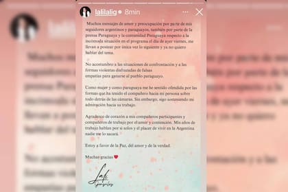 El comunicado de Lali González tras su enfrentamiento con Brian Sarmiento (Captura Instagram @lalilalig)