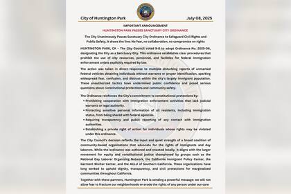 El comunicado de las autoridades de Huntington Park sobre la designación de ciudad santuario