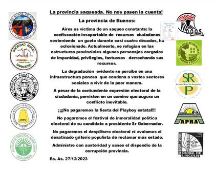 El comunicado de las entidades bonaerenses