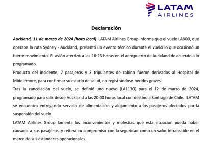 El comunicado de Latam Airlines