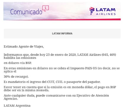 El comunicado de Latam Airlines