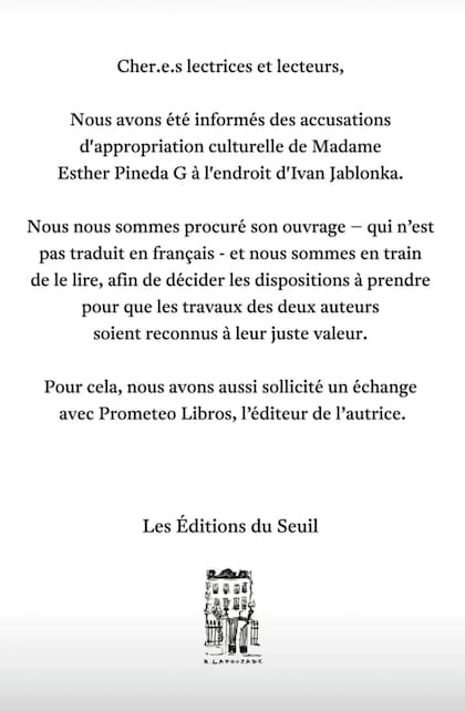 El comunicado de Les Éditions du Seuil sobre el "affaire Jablonka" se publicó en francés y en español