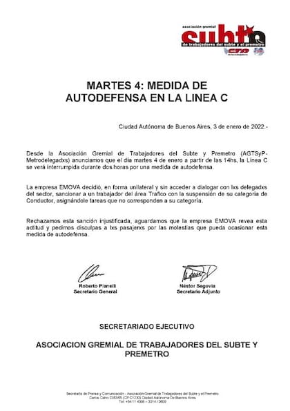 El comunicado de los Metrodelegados.