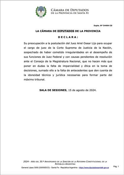 El comunicado de los diputados de la provincia de Santa Fe que expresa "preocupación" por la postulación del juez Lijo a ocupar la Corte Suprema de Justicia