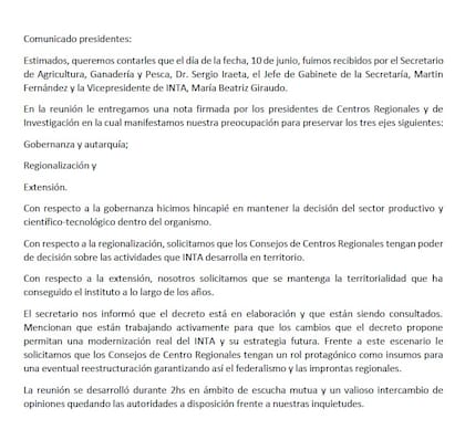 El comunicado de los presidentes de los Consejos Regionales del INTA tras la reunión con Sergio Iraeta, secretario de Agricultura