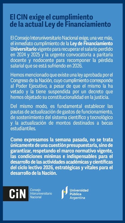 El comunicado de los rectores que exige al Gobierno el cumplimiento de la actual ley de financiamiento
