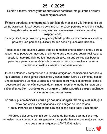 El comunicado de Lourdes Fernández