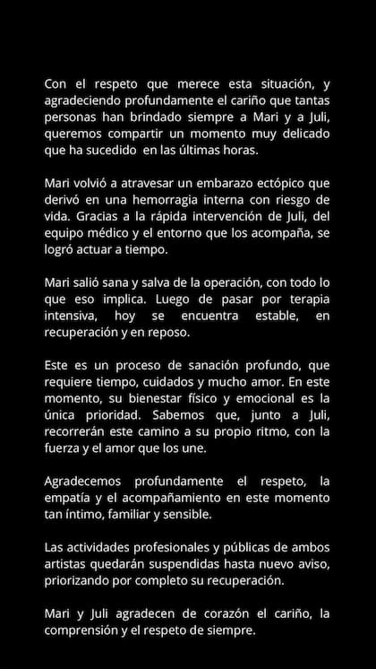 El comunicado de María Becerra en donde confirmó que tuvo otro embarazo ectópico (Captura: Instagram @mariabecerra)