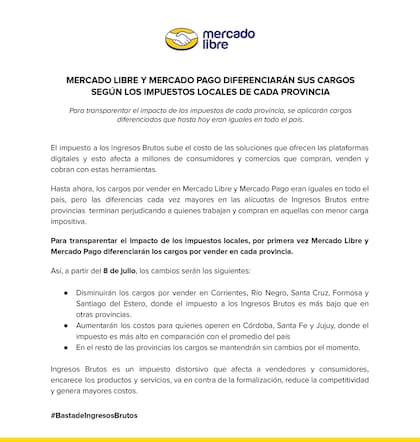 El comunicado de Mercado Libre donde anuncia la diferenciación de cargos por provincia