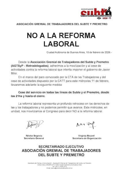 El comunicado de Metrodelegados sobre el paro de transporte de este miércoles de 11 de febrero