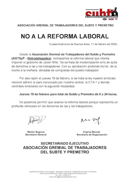 El comunicado de Metrodelegados sobre el paro de 24 horas del subte por la reforma laboral