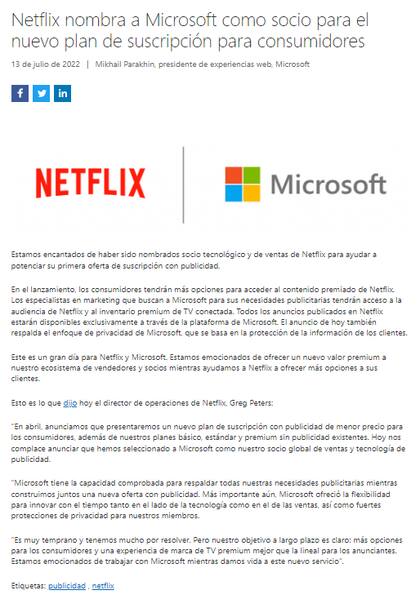 El comunicado de Microsoft sobre su unión con Netflix (Foto: blogs.microsoft.com)