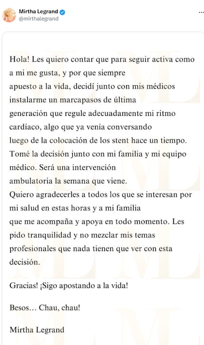 El comunicado de Mirtha Legrand en X cuando le colocaron un marcapasos en el año 2023