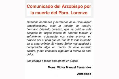 El comunicado del Arzobispado de La Plata