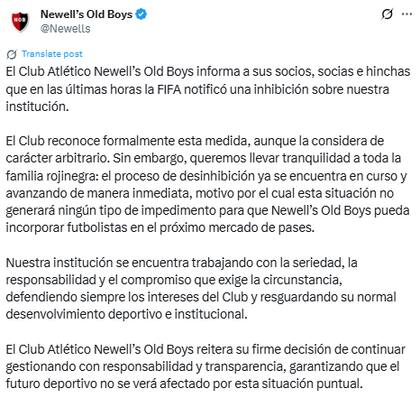 El comunicado de Newell´s tras la sanción de la FIFA (Fuente: X @Newells)