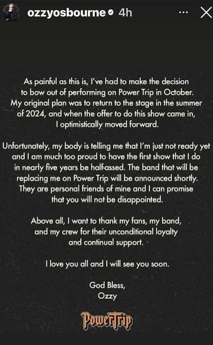 El comunicado de Ozzy Osbourne a través de su cuenta de Instagram