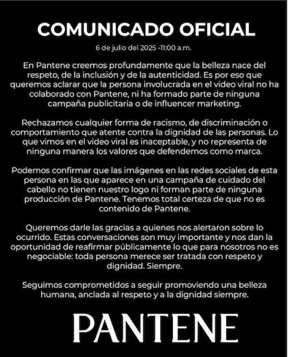 El comunicado de Pantene México repudiando las acciones de Ximena Pichel y desligándose de ella