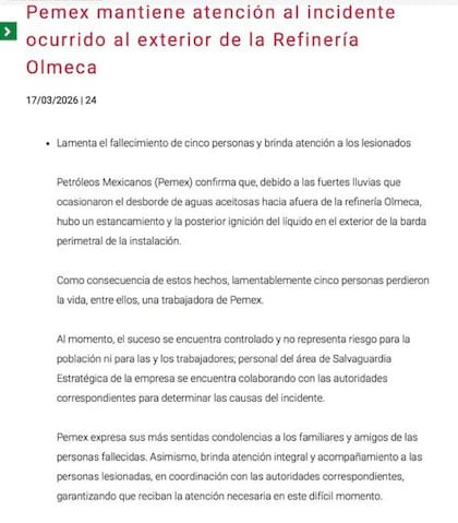 El comunicado de Pemex tras el incendio en la refinería Olmeca