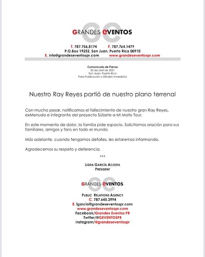 El comunicado de prensa de la agencia que representaba a Ray Reyes que confirmó el fallecimiento del artista