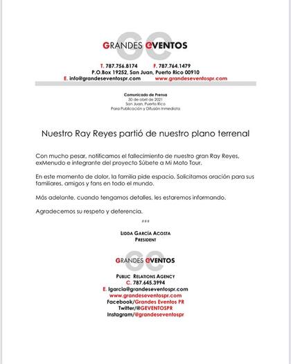 El comunicado de prensa de la agencia que representaba a Ray Reyes que confirmó el fallecimiento del artista