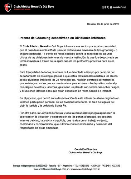 El comunicado de prensa del club rosarino