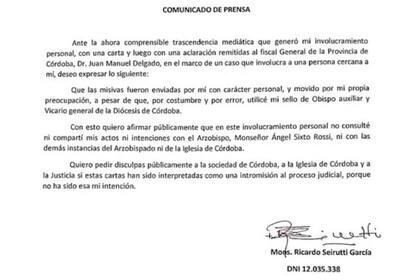 El comunicado de prensa del obispo auxiliar de Córdoba