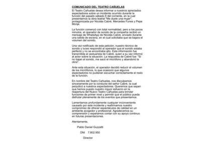 El comunicado de prensa del teatro, en el que apuntaron contra Nicolás Cabré