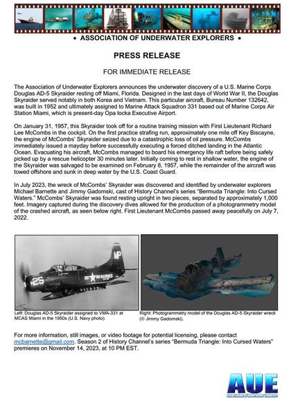 El comunicado de prensa indica que el piloto del avión localizado, Richard Lee McCombs, murió el 7 de julio de 2022